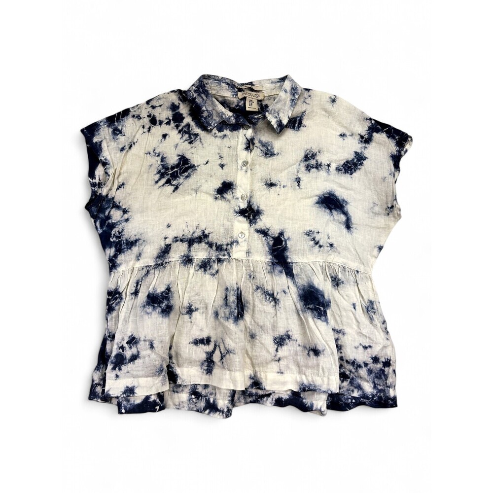 Rachel Zoe Linen Tie-Dye Peplum Button-Up Blouse M